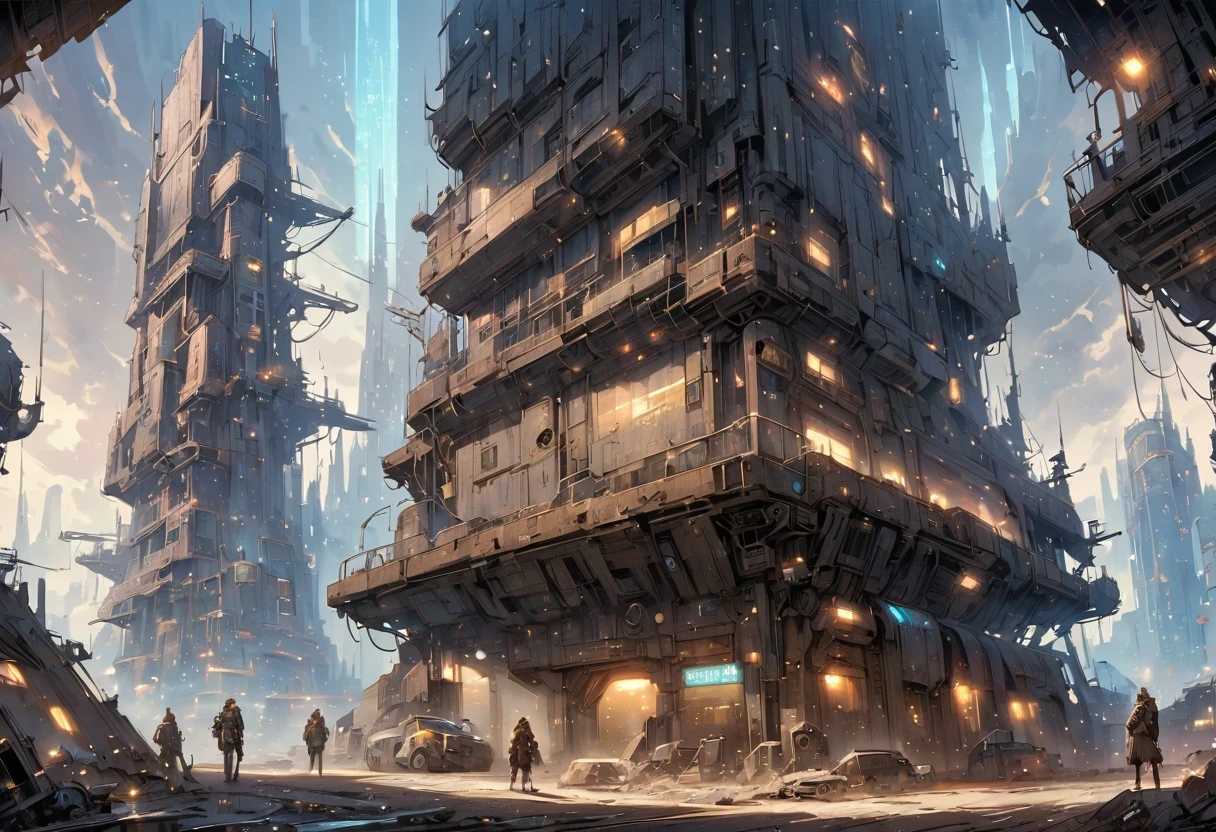 Future cyberpunk mechanical girl wearing a future gas mask and a dog，Travel through a destroyed futuristic city，Silver Mechanical Girl，Mechanical joints，There are many rusty structures in the air,Destroyed large radar，Abandoned space station base， scenic Dystopian environment, Dystopian environment, Industrial science fiction, Industrial science fiction, Industrial science fiction, Steampunk space station base background, Dystopian digital concept art, Steampunk city, post-apocalyptic factory, Steampunk ruins of the future, Industrial science fiction, Steampunk concept art, Dystopian alien landscape, In a steampunk cityscape, Dystopian Landscape