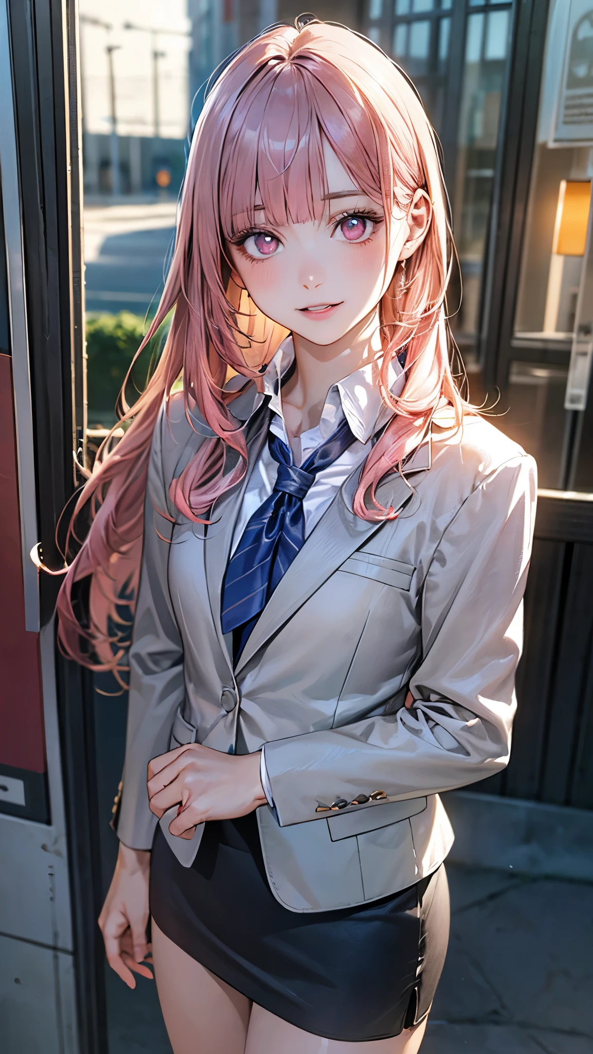 (masterpiece:1.2, top-quality), (realistic, photorealistic:1.4), beautiful illustration, (natural side lighting, movie lighting), ,
beautiful detailed hair, beautiful detailed face, beautiful detailed eyes, beautiful clavicle, beautiful body, beautiful chest, beautiful thigh, beautiful legs, beautiful hands,
looking at viewer, 1 girl, japanese, office lady, 20 years old, perfect face, cute and symmetrical face, shiny skin,
(very long hair, straight hair, salmon pink hair), blunt bangs, maroon eyes, slant eyes, big eyes, long eye lasher, (medium breasts, small ass, thin thighs), slender, outstanding style,
detailed cloth texture, ((light purple stripe very small neckerchief, white collared shirt, close blazer, blue-gray blazer, gray pencil skirt)),
(beautiful scenery), spring, evening, (downtown), standing, (lovely smile, parted lips),