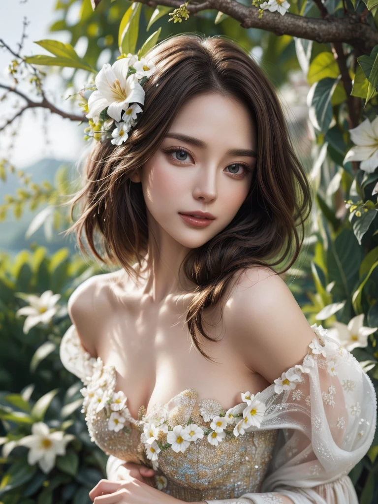 ((((8k))),((Extremely detailed CG)) ,(wallpaper),16k,((Very sophisticated and beautiful)),(((masterpiece))),(((highest quality))),(((Ultra-high resolution))),Daytime natural light,(Realistic scenery:1.2),Single-lens reflex camera,break, ((1 girl)),24-year-old Japan beauty,(Sensual look,smile:1.2),short hair,(Gradient brown hair,Shiny Hair,Braiding:1.2),light makeup,double eyelid,Beautiful Eyes,Beautiful Eyes,Soft white skin that shines in every detail,Pale skin,Golden Ratio Face,Very well-shaped face,Detailed information,Lips Detail,Glossy, beautiful lips,Glossy lips,break,(8 heads,Perfect figure),((Beautiful clavicle,Beautiful breasts)),(C cup breasts:1.3),(Underwear made from flower petals,Visible abdomen:1.2),(Mr.々Colorful Lobelia flowers,Decorated:1.3),(Long legs,Tight big ass:1.3),break,((Lobelia flower field,Flowers in full bloom,Pasture)),Lying down,Lying down,Photograph the whole body,Shot from above