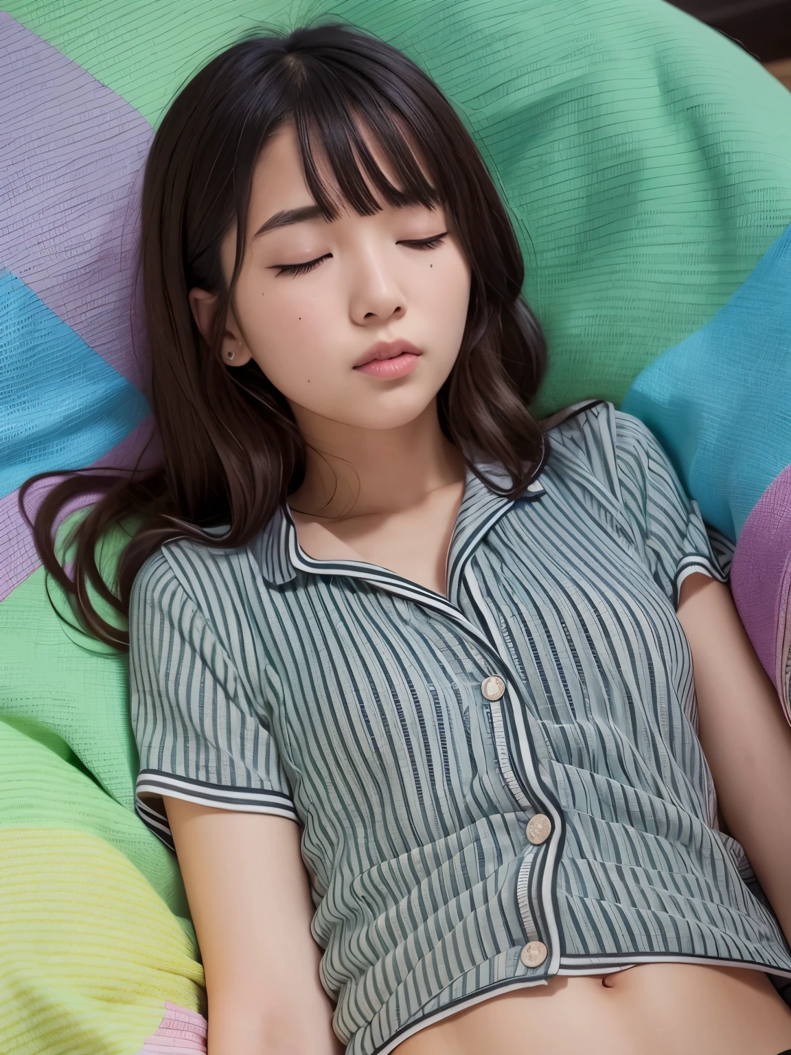 (Top quality, 4k, 8k, high resolution, Masterpiece: 1.2), Super detailed, (Real, Photorealistic, Photorealistic: 1.37), Cute bed, Bear underwear, Sleeping, Japanese, Junior high school student, I like pajamas, black hair, sleeping, young, feminine, young body, thin, and crabs.