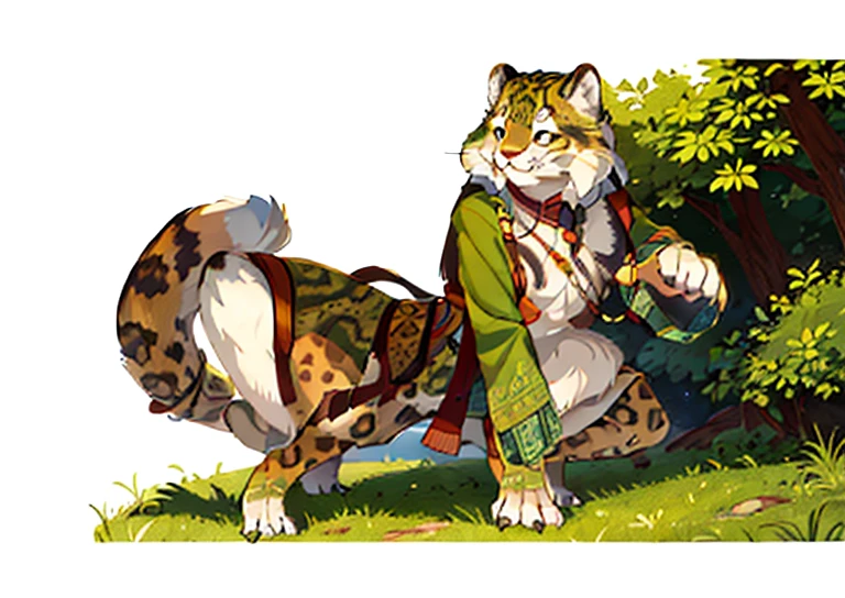 top quality, best quality, High-quality illustrations, masterpiece, 超High resolution, Detailed background, forest，(Very detailed and beautiful face and eyes)Perfect anatomical structure, Express, Good lighting, Movie Shadows(Beast field, Furry personification)Various postures, Dynamic angle,snow leopard, Humanity, furry, woman, woman化的, fur, detailed fur masterpiece, best quality, The art of math, (Practical:0.3), cartoon, Detailed lines, High resolution, Visually stunning (detailed lighting, Depth of Field:0.9), Detailed Color, Colorful and perfect hands, Detailed hands (fair, Lovely, Fluffy:1.2), detailed body, , 1 girl, Solitary, Smiling Outdoors, nature, Tribal accessories, Tribal clothing，Bright green eyes，Posing hunting pose detailed full body concept\
