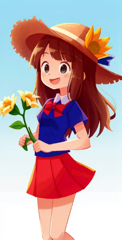 A girl in a hat and skirt holds a flower, Girls stand, No rating, little girl, Happy