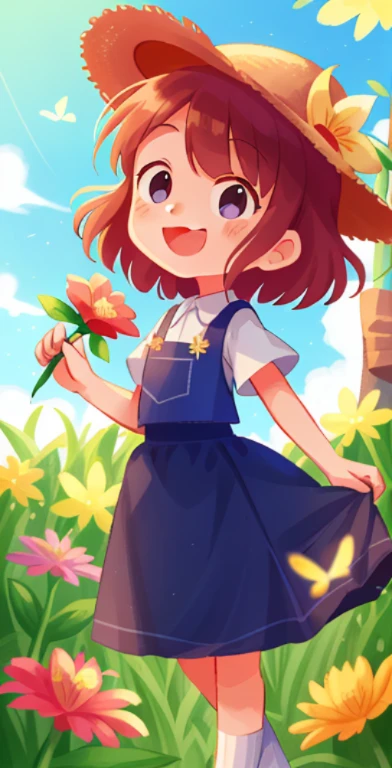 A girl in a hat and skirt holds a flower, Girls stand, No rating, little girl,  Happy 