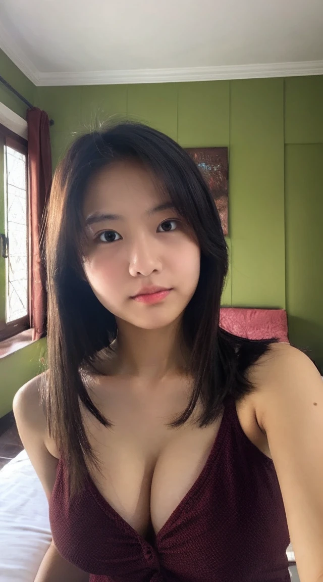 realistic, ultra detailed, selfie photo display, taken selfie, a 16 year old teenage girl, wearing an Indonesian high , beautiful face, sweet face, hands 1:3, sexy expression, showing cleavage, in the room, on the bed ,