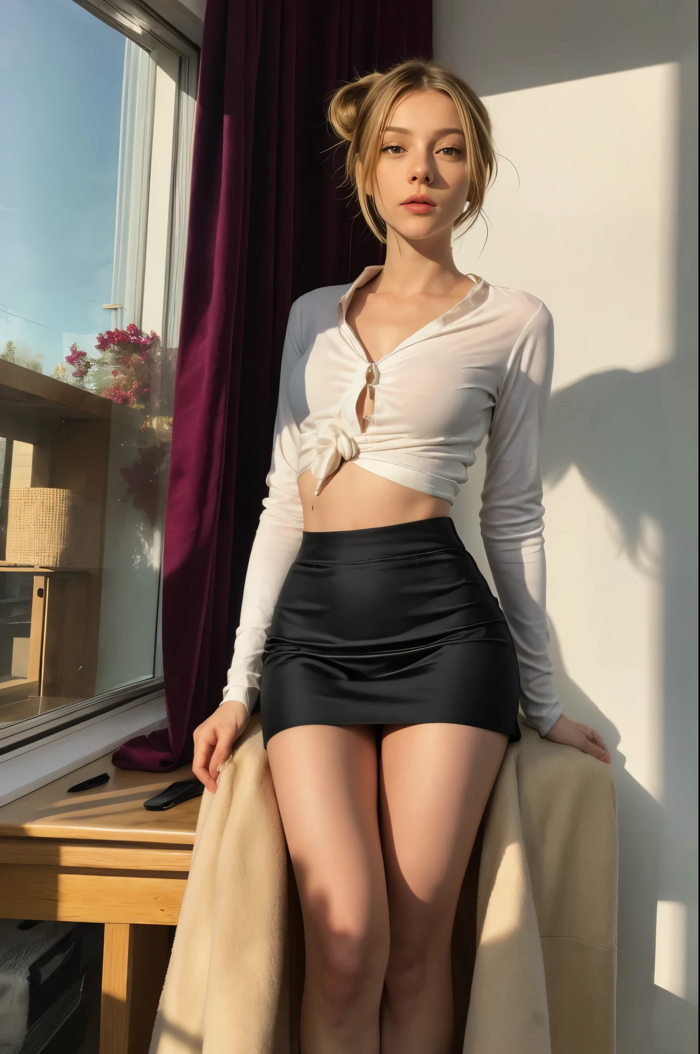 masutepiece, Beautuful Women, ((Ester Exposito):1.3), ((dasha taran):1.6), (Fantasy Library Background):1.5,Cute office girl, has long, ((Hair tied in a loose bun):1.6), silky blonde hair, deep blue eyes that reflect a mixture of submissiveness and desire. here face is characterized by natural beauty, with soft cheekbones and sensual full lips, always ready to give pleasure. Woman wearing business clothes, blazer formal, blusa branca, black high-waisted business skirt, black sheer pantyhose, Beautiful, master part, melhor qualidade, Rosto extremamente detalhado, perfect lighting, nice hands, perfect hands, (cabelos brancos:1.2), cabelos longos, (Olhos cinzentos:1.2), slender build, pernas longas, fino, medium breasts, business woman, CEO, Sitting on Luxury Black Leather Office Chair, Janela moderna gigante com vista do horizonte noturno da cidade no fundo, Legs, (Skin Texture:1.1), Best Quality, 超A high resolution, (Photorealistic: 1.4), Raw photo, ellen von unwerth, nikon d850 film stock photograph, F1.6 lens, Rich colors, Realistic, cinestill 800, Backlight, Rim lighting, Studio Lighting, Erotic Photography