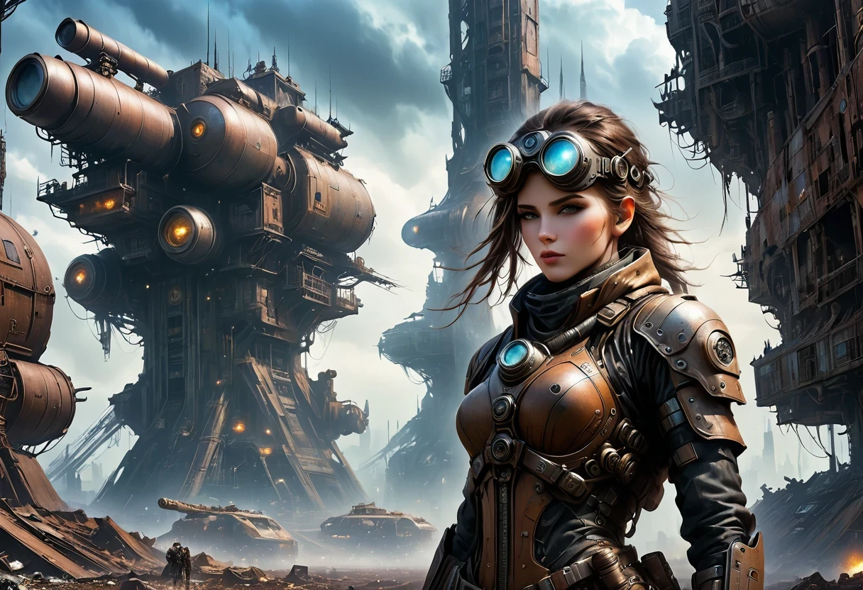 Future cyberpunk mechanical girl wearing a future gas mask and a dog，Travel through a destroyed futuristic city，Silver Mechanical Girl，Mechanical joints，There are many rusty structures in the air,Destroyed large radar，Abandoned space station base， scenic Dystopian environment, Dystopian environment, Industrial science fiction, Industrial science fiction, Industrial science fiction, Steampunk space station base background, Dystopian digital concept art, Steampunk city, post-apocalyptic factory, Steampunk ruins of the future, Industrial science fiction, Steampunk concept art, Dystopian alien landscape, In a steampunk cityscape, Dystopian Landscape