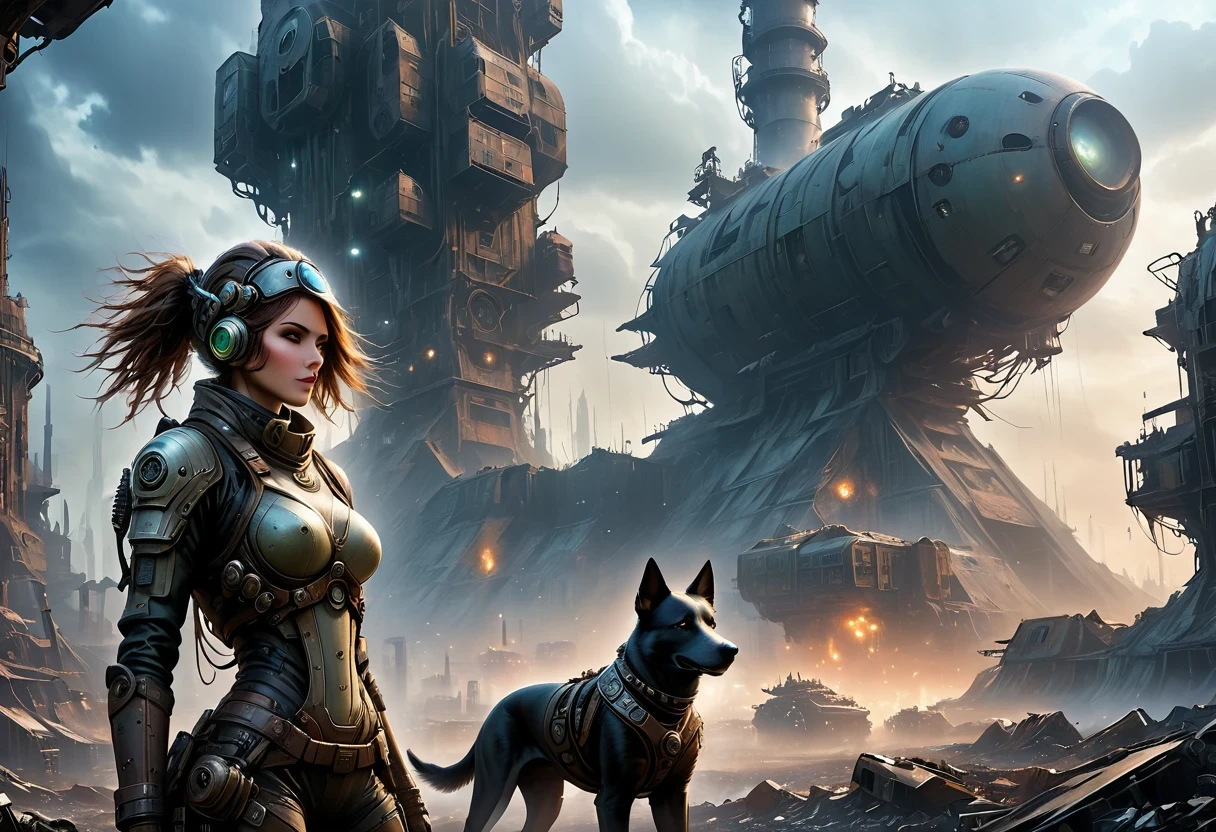 Future cyberpunk mechanical girl wearing a future gas mask and a dog,Travel through a destroyed futuristic city,Silver Mechanical Girl,Mechanical joints,There are many rusty structures in the air,Destroyed large radar,Abandoned space station base, scenic Dystopian environment, Dystopian environment, Industrial science fiction, Industrial science fiction, Industrial science fiction, Steampunk space station base background, Dystopian digital concept art, Steampunk city, post-apocalyptic factory, Steampunk ruins of the future, Industrial science fiction, Steampunk concept art, Dystopian alien landscape, In a steampunk cityscape, Dystopian Landscape