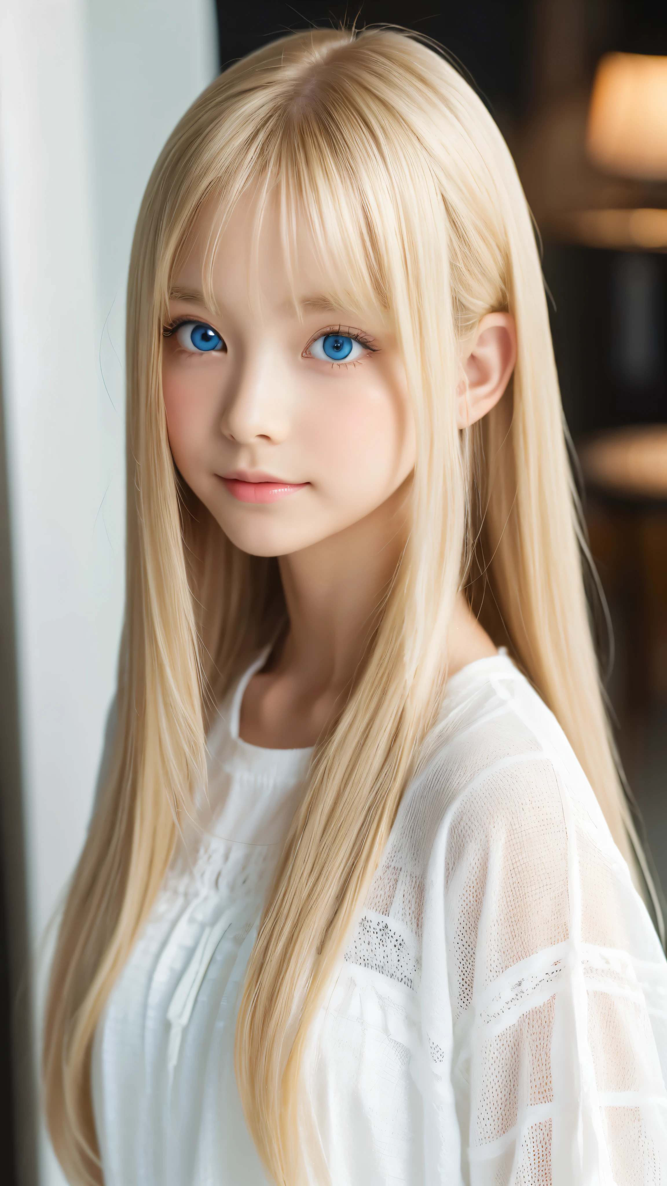 Shining, clear, white skin、Her windblown blonde hair hides her beautiful face、huge、28 years old cute sexy little beautiful face、Beautiful straight hair that stands out、growing up, Sparkling light blue eyes、long silky bangs that cover cute eyes, Sexy and cute young woman with super long hair hiding her sexy face、Super long, natural platinum blonde shiny hair