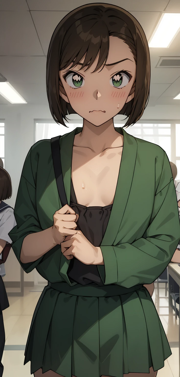 1人のgirl,一人in,Looking_in_audience,short_hair,multiple_girl,Brown_hair,green_eye,clavicle,upper_body,前hair、Cowboy Shot、Large areola、body操服、School、Big 、Sad face、Embarrassing、indoor、NSFW、Open clothes、NSFW