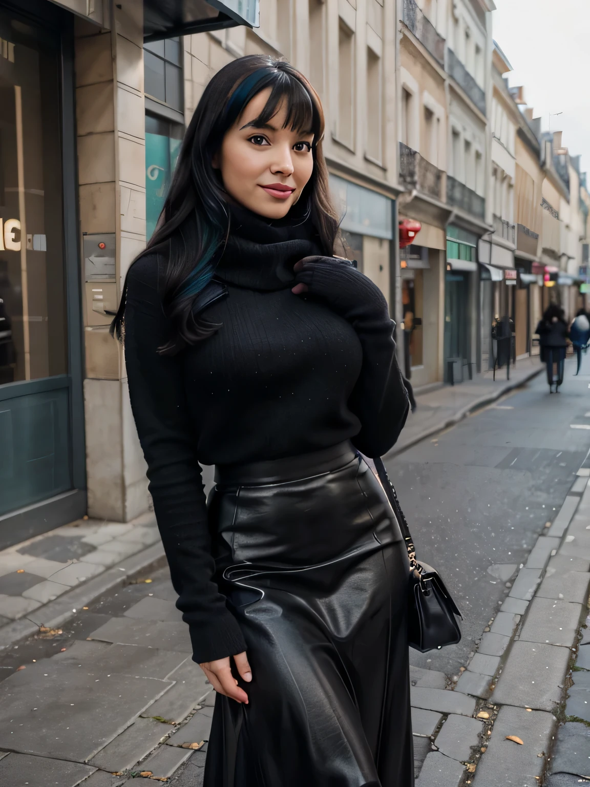 proFessional portrait photograph oF a gorgeous Smiling Bettie page girl in winter clothing with long wavy Black hair, black long maxi-skirt(black long maxi-skirt:1.2),sultry Flirty look, gorgeous symmetrical Face, joli maquillage naturel, wearing elegant warm winter Fashion clothing, black leather gloves, ((debout dehors dans une rue enneigée de la ville)), bag on her shoulders,superbe environnement urbain moderne, ultra realistic, art conceptuel, elegant, Very detailed, complexe, sharp Focus, depth oF Field, F/1. 8, 85mm, Coup moyen, midplane, (((proFessionally color graded))), bright soFt diFFused light, (volumetric Fog), tendance sur Instagram, hdr 4k, 8K