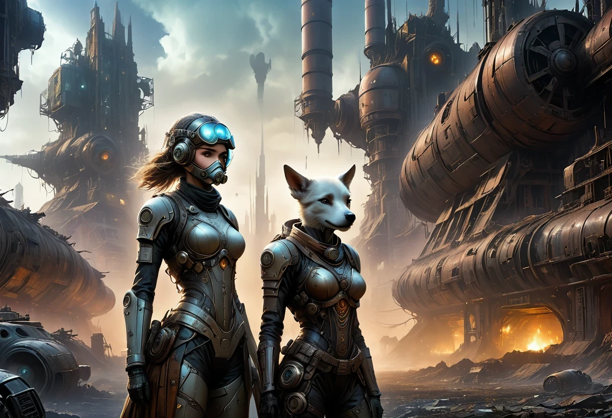 Future cyberpunk mechanical girl wearing a future gas mask and a dog,Travel through a destroyed futuristic city,Silver Mechanical Girl,Mechanical joints,There are many rusty structures in the air,Destroyed large radar,Abandoned space station base, scenic Dystopian environment, Dystopian environment, Industrial science fiction, Industrial science fiction, Industrial science fiction, Steampunk space station base background, Dystopian digital concept art, Steampunk city, post-apocalyptic factory, Steampunk ruins of the future, Industrial science fiction, Steampunk concept art, Dystopian alien landscape, In a steampunk cityscape, Dystopian Landscape