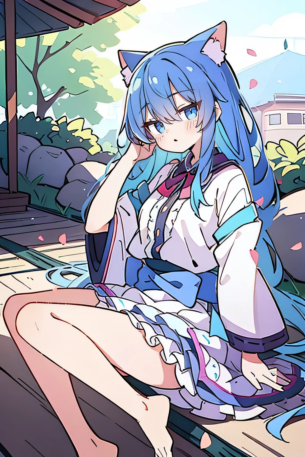 (masterpiece:1.2),ultra-detailed,realistic,expressive eyes,fair-skinned,perfectly shaped face,1girl,
Japanese cartoons,Gorgeous blue hair, flowing blue hair,floating clothes,cat ears,petals falling,beautiful Lola,Hina Angel,
hands on waist,gracefully sitting on the ground,legs crossed,gentle and serene background,cool and comfortable pavilion.