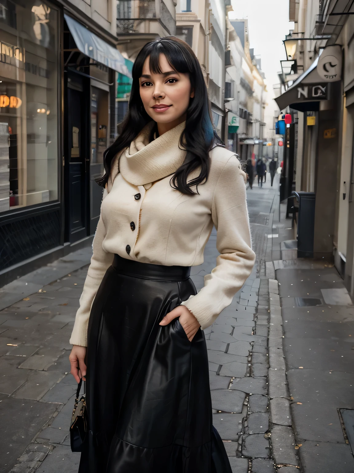 proFessional portrait photograph oF a gorgeous Smiling Bettie page  girl in winter clothing with long wavy Black hair, black long maxi-skirt(black long maxi-skirt:1.2),sultry Flirty look, gorgeous symmetrical Face, joli maquillage naturel, wearing elegant warm winter Fashion clothing, black leather gloves, ((debout dehors dans une rue enneigée de la ville)), bag on her shoulders,superbe environnement urbain moderne, ultra realistic, art conceptuel, elegant, Very detailed, complexe, sharp Focus, depth oF Field, F/1. 8, 85mm, Coup moyen, midplane, (((proFessionally color graded))), bright soFt diFFused light, (volumetric Fog), tendance sur Instagram, hdr 4k, 8K