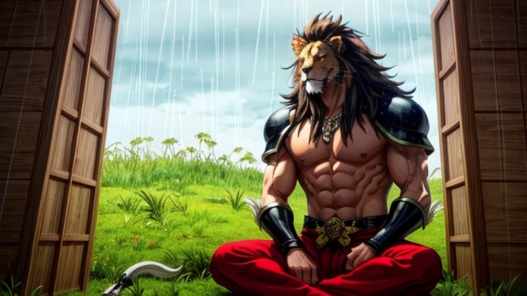 On a quiet rainy day，A Suanni with a lion&#39;s head and tail, with muscular body covered with red scales, looks full of power.，Sitting quietly in front of a temple full of fairy spirit, stretching out his hand to shield a newly sprouted grass from the rain。