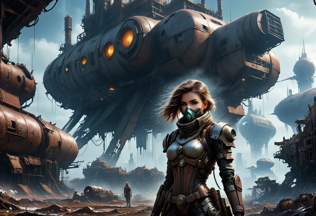 Future cyberpunk mechanical girl wearing a future gas mask and a dog，Travel through a destroyed futuristic city，Silver Mechanical Girl，Mechanical joints，There are many rusty structures in the air,Destroyed large radar，Abandoned space station base， scenic Dystopian environment, Dystopian environment, Industrial science fiction, Industrial science fiction, Industrial science fiction, Steampunk space station base background, Dystopian digital concept art, Steampunk city, post-apocalyptic factory, Steampunk ruins of the future, Industrial science fiction, Steampunk concept art, Dystopian alien landscape, In a steampunk cityscape, Dystopian Landscape