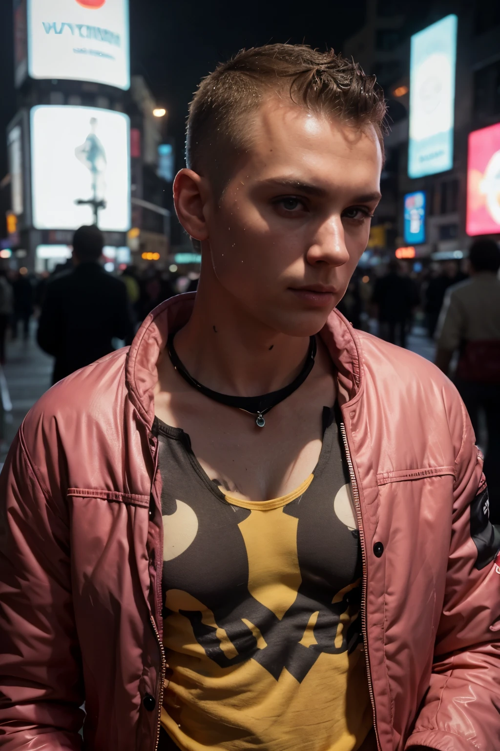 Cinematic film still of a (buzzcut) drug user man with a 5 am shave, pink and yellow puffer jacket, night in a times square, cgsociety, epic hyper-detailed masterpiece ultra-wide, cinematic still, glamour hyper shot, bokeh, photo, realistic, 35mm, photography, highly detailed, moody, grainy, film grain