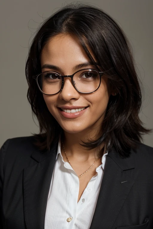 create professional headshot for linkedin profile glasses latin woman very attractive black professional clothes hipster glasses nice smile make sure her whole head is showing