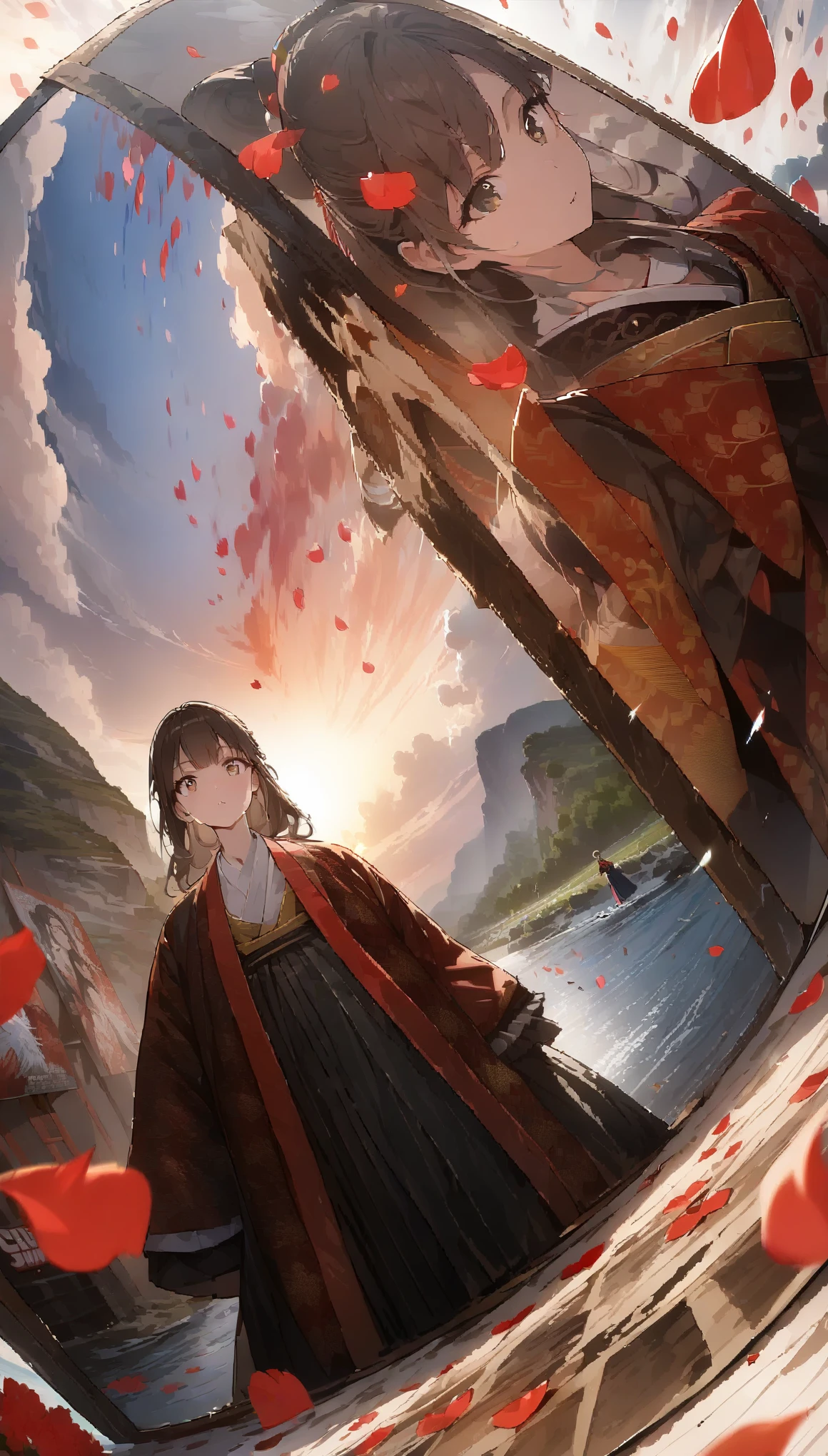 32k, best quality, ultra high res, HDR, UHD, extremely detailed CG, unity 32k wallpaper, (Divine Beast), Nine-Tailed Fox, Dynamic Body Type, (Chinese Monster), good looking, splashed Ink, Chinese, One girl, ((whole body), ((2.5D)), floating hair, Beautiful Eyes, Delicate eyes, Delicate silhouette, Fantasy art, (Antique black and red brocade hanfu), viewing angle, (masterpiece), Front shot, Landscape Portrait, White Background, (Movie Posters), sharp, splash, cloud, petal, nullの, null, (Wide-angle lens), Vista,