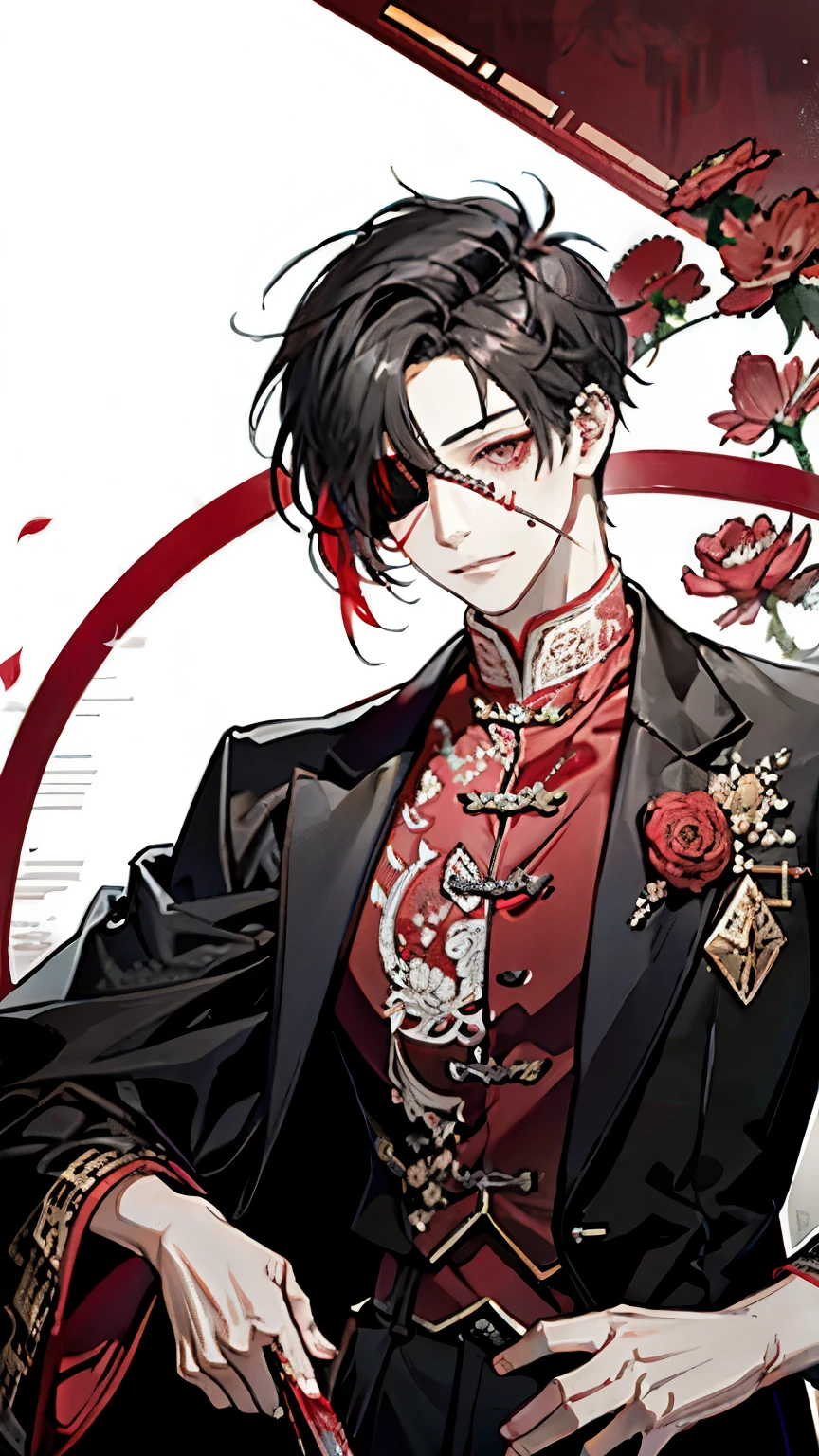 Blood Rain Flower Exploration,(Adult male:1.5),(Eye patch:1.35),Clothing like that of an ancient Chinese aristocrat