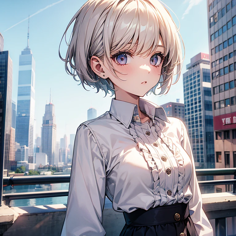 Cute girl in a white blouse、Jacket、Pixie Cut、slender、City、Mode