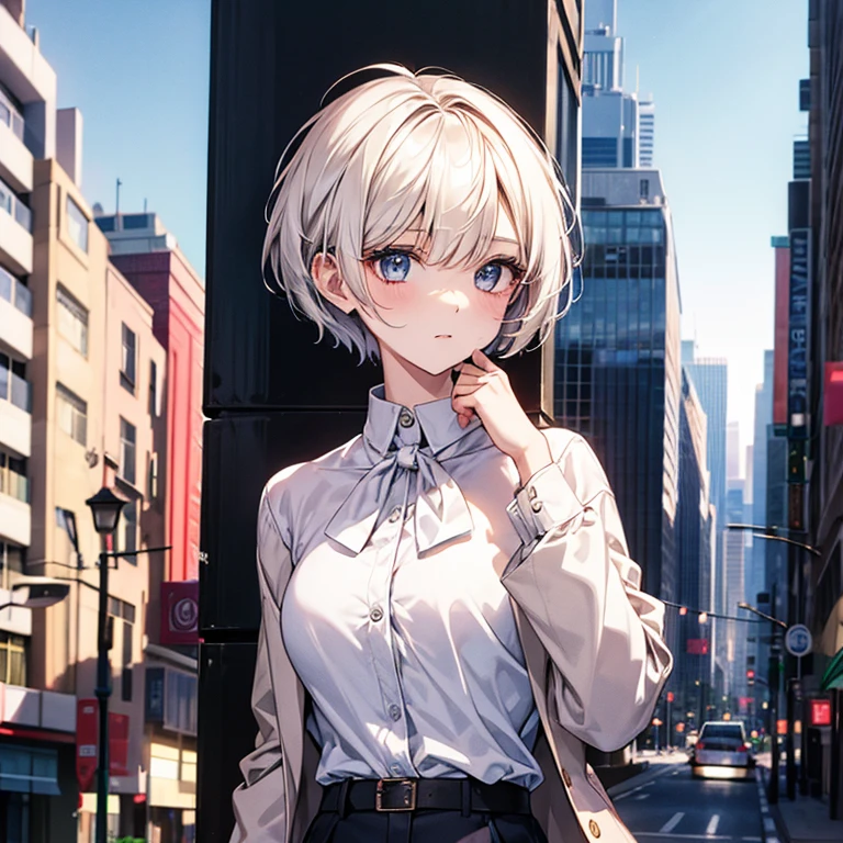 Cute girl in a white blouse、Jacket、Pixie Cut、slender、City、Mode
