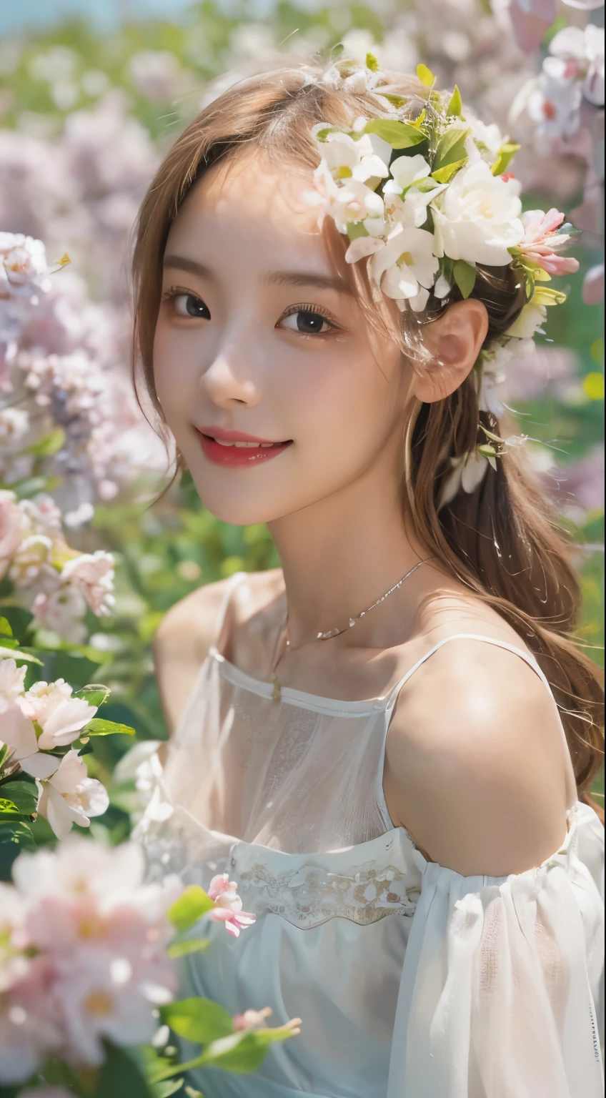 best quality, masterpiece, Ultra-high resolution, (Reality:1.4), original photo, 1 Girl, White Dress, Off-shoulder, Blossom flower field, glowing skin, A faint smile