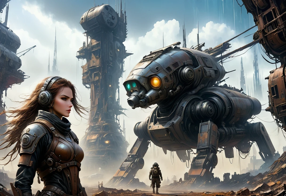Future cyberpunk mechanical girl wearing a future gas mask and a dog,Travel through a destroyed futuristic city,Silver Mechanical Girl,Mechanical joints,There are many rusty structures in the air,Destroyed large radar,Abandoned space station base, scenic Dystopian environment, Dystopian environment, Industrial science fiction, Industrial science fiction, Industrial science fiction, Steampunk space station base background, Dystopian digital concept art, Steampunk city, post-apocalyptic factory, Steampunk ruins of the future, Industrial science fiction, Steampunk concept art, Dystopian alien landscape, In a steampunk cityscape, Dystopian Landscape