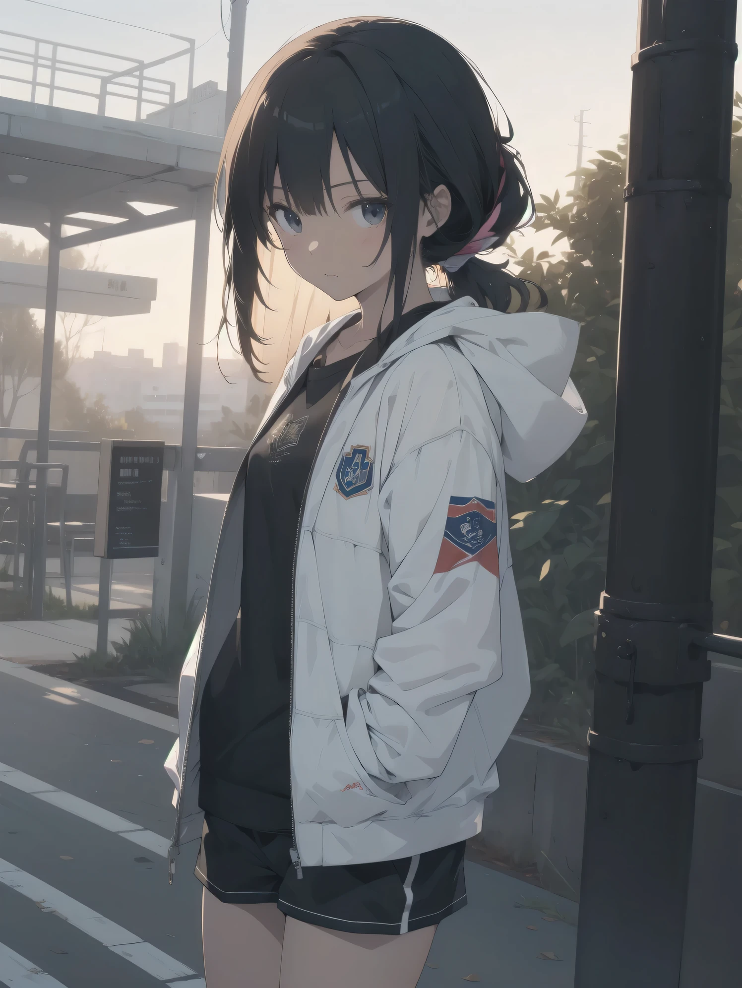 ultra-absurdres-Top quality by artist God, ultra-detailed, high resolution, anime moe artstyle, best anime 8k konachan wallpaper, pixiv contest winner,pool:2810, perfect anatomy,break, 1girl, (Please draw a tomboy walking to home alone. )break,(Solo,little female, 13-year-old:1.3),Full limbs, complete fingers, (very short hair), ponytail, flat chest, , small butt, small black eyes, beautiful detailed eyes, well-proportioned iris and pupils, expressive eyes, highres detailed hair, soft expression, school_gym uniform, official_alternate_costume,gym short shorts,(Detailed Lighting), (Detailed background), in the School commute route. break,super detailed skin, Best cinematic lighting powered by famous artist, 8k,beauty illustration,photoshop_(medium),very aesthetic,break,((artist:ido_(teketeke))), artist:bolze ,artist:oyari_ashito ,artist:kantoku ,