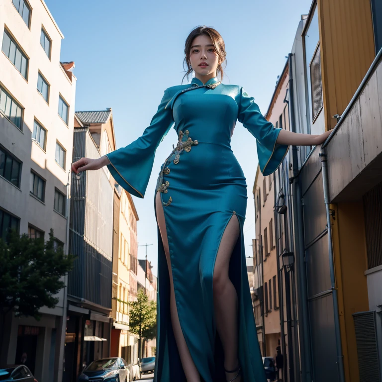A photorealistic image of an absolutely colossal giantess walking down a narrow street. Her towering figure dwarfs the surrounding buildings, her head brushing against the clouds. The street is far too narrow for her to fit, forcing her to contort her body and bend at the waist to avoid crushing the buildings. Despite the awkwardness, she exudes an air of immense power and grace. She is wearing a beautiful, flowing cheongsam that hugs her curves and accentuates her femininity. The image should be of high quality and look like a real photograph.