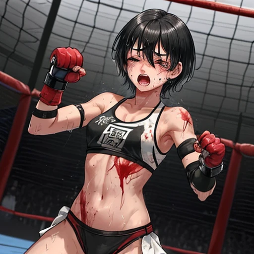 Covered in blood、A beautiful high school girl mixed martial artist covered in scars and a broken body。He was cornered against the cage during an Octagon bout.、I was punched repeatedly in the stomach.、Close your eyes、Fighting with open mouth and tears。Out of stamina。painful。Sad。Facial swelling。Bruised body。I'm soaked in sweat。Ripped and tattered sports bra and bikini、Open Finger Gloves。Erect nipples。Short black hair。