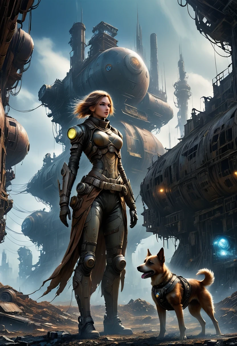 Future cyberpunk mechanical girl wearing a future gas mask and a dog,Travel through a destroyed futuristic city,Silver Mechanical Girl,Mechanical joints,There are many rusty structures in the air,Destroyed large radar,Abandoned space station base, scenic Dystopian environment, Dystopian environment, Industrial science fiction, Industrial science fiction, Industrial science fiction, Steampunk space station base background, Dystopian digital concept art, Steampunk city, post-apocalyptic factory, Steampunk ruins of the future, Industrial science fiction, Steampunk concept art, Dystopian alien landscape, In a steampunk cityscape, Dystopian Landscape
