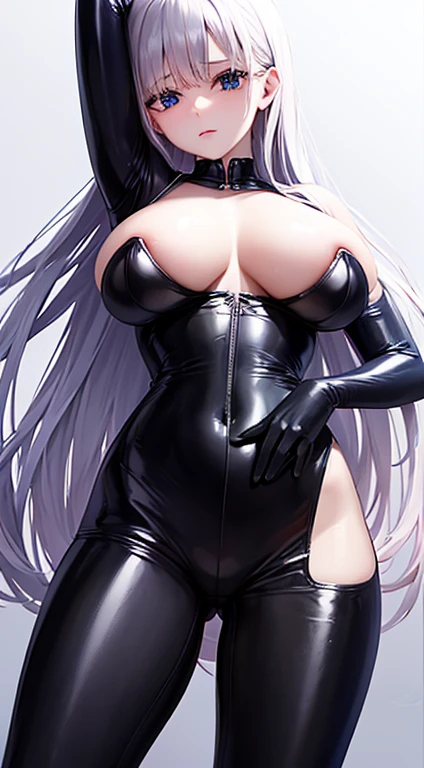 8k, highest quality, masterpiece:1.2, Super Detail, long white hair、 Blue shiny catsuit:1.5、very, very big breasts、Nipples、Very large breasts、R18 prohibited、risque clothes
