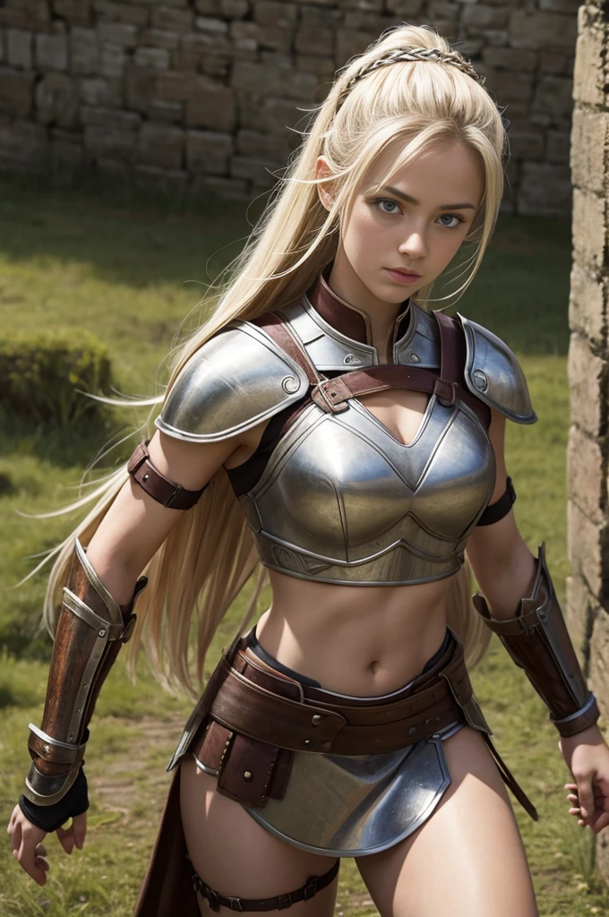 girl, roman warrior, princess blade , 19 years old,young girl, mini cropped, valkyrian, princess ,blonde, ino yamanaka, tall, detailed face, beautiful, confiant, background in uk land with flowers
