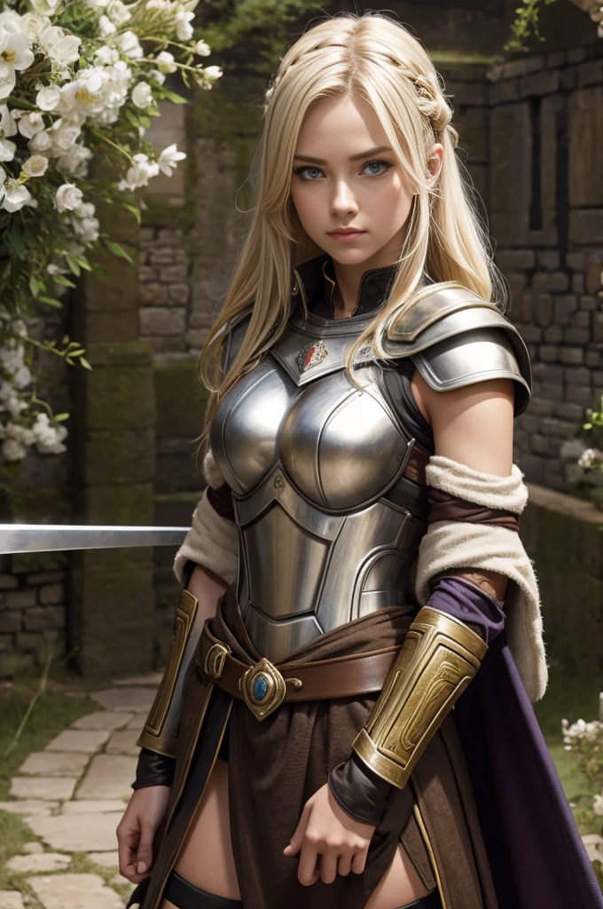 girl, roman warrior, princess blade , 19 years old,young girl, mini cropped, valkyrian, princess ,blonde, ino yamanaka, tall, detailed face, beautiful, confiant, background in uk land with flowers