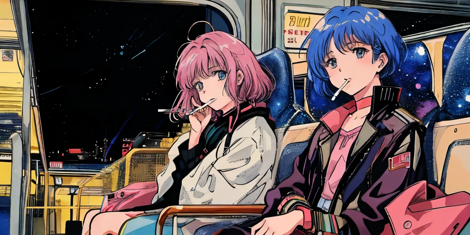 Close-up of 2girls sitting next to each other on a train, blue-haired girl put a cigarette in her mouth ,blue-haired girl's hands in front of her body, a pink-haired girl 80s Art, video game Cutscenes, cyberspace cowboy, Macross franchise, CG from the early 90s, Cutscenes, Macross, 80s anime art style, Neo Geo, Retro music album cover design, lofi filter, Holding a cigarette, She is sitting on a spaceship looking at the stars, 90s anime art style, vintage-inspired, Galactic Background AR 1:1 - 虹5 - s 400
