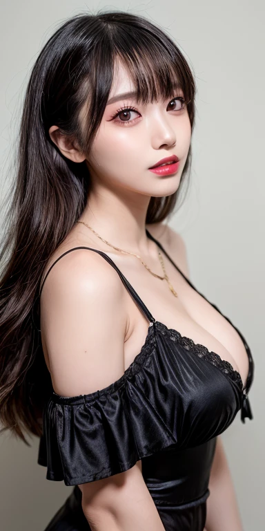 Canon RF 85mmf/1.2,masutepiece,Best Quality,超A high resolution,tu,1 girl,(Korean mixed,Kpop Idol:1.2),Solo,white_shiny_skin,Black eyes,Necklace,brown_long_Wavy_hair,Red lipstick bright_shiny_Lips,Eyelashes,Bangs,deal,make - up,shiny,Pore,skin texture,Bracelet,off shoulders,See-through,Big breasts