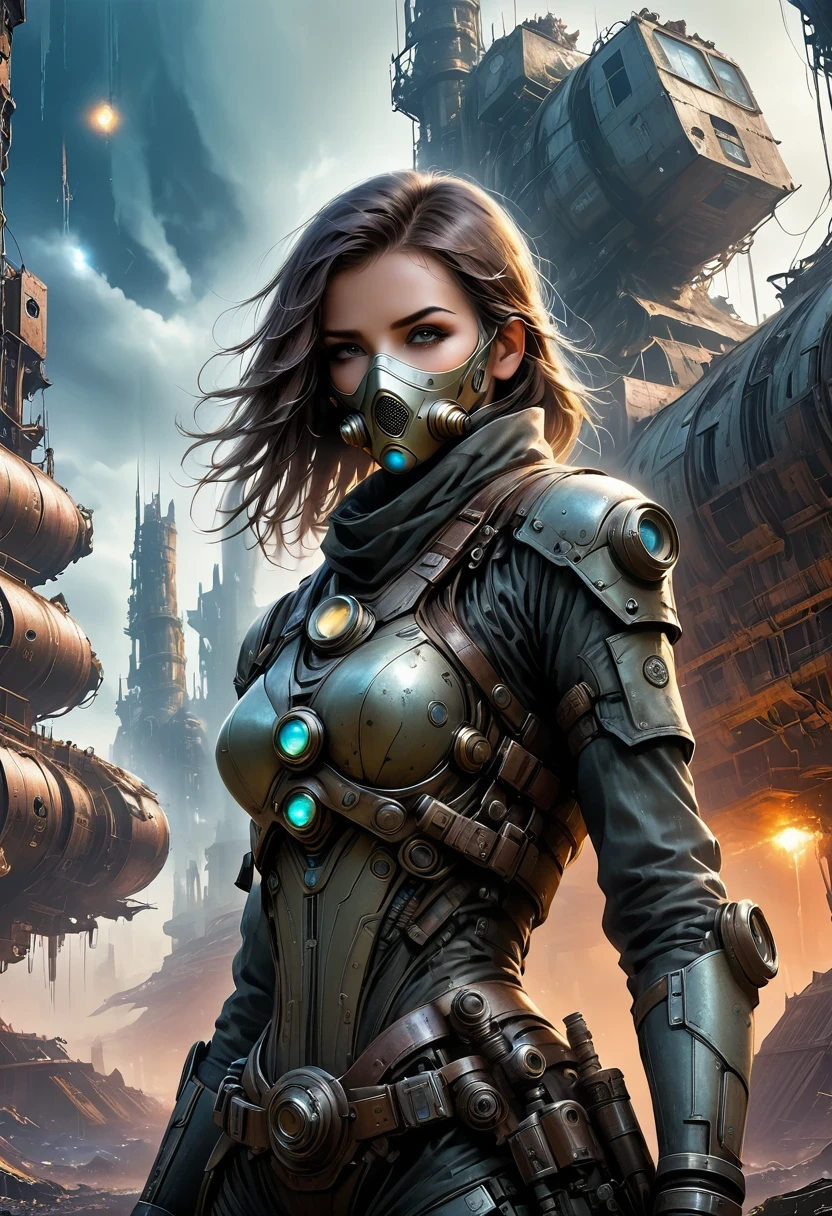 Future cyberpunk mechanical girl wearing a future gas mask and a dog,Travel through a destroyed futuristic city,Silver Mechanical Girl,Mechanical joints,There are many rusty structures in the air,Destroyed large radar,Abandoned space station base, scenic Dystopian environment, Dystopian environment, Industrial science fiction, Industrial science fiction, Industrial science fiction, Steampunk space station base background, Dystopian digital concept art, Steampunk city, post-apocalyptic factory, Steampunk ruins of the future, Industrial science fiction, Steampunk concept art, Dystopian alien landscape, In a steampunk cityscape, Dystopian Landscape