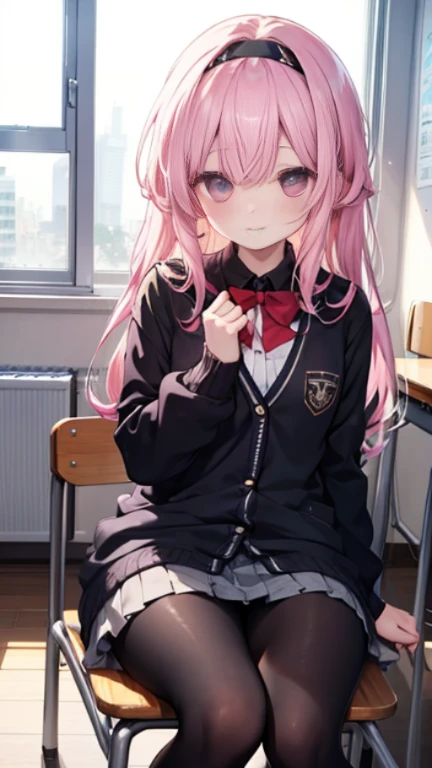 、、High resolution、Full HD、8K quality、、、Droopy eyes、、、Eye highlights、fresh、Black tights with pink lines、、、Black headband、Chair、student、、Pink Hair、lowering the corners of the eyes、lower the corner of the eye、Droopy eyes、Violet eyes、Zhouao Coral、Zhouao Coral、cute、、Hair on both sides is puffy、hair、No makeup、Oblique eyes、Round face、Calm、Long Hair、Hair on the left and right、、、Black Shirt、Large cardigan、uniform、smile、、School building、classroom、Round eyes、Droopy eyes、Small breasts、Open chest cardigan、Long Hair、I can see your thighs、、Cardigan with slits、Bangs、