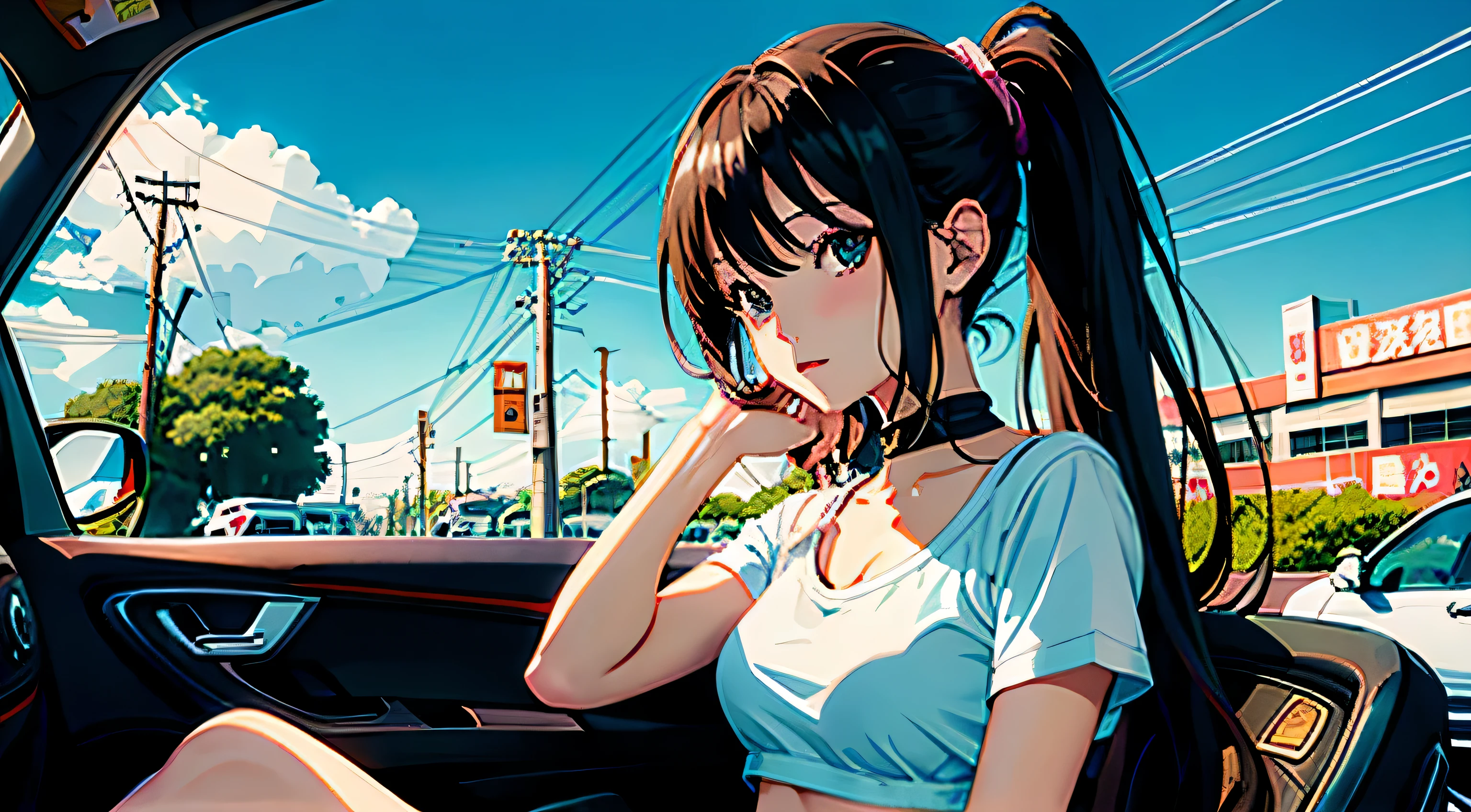 Anime girl sitting in car with hand on chin, Anime visuals of cute girls, Seductive Anime Girl, charming anime girls, anime styled, High quality anime art style, Beautiful anime girl, young anime girl, Anime Girl, Anime Girl with Long Hair, tight crop top, medium breast, background is Tokyo city 80s,  an anime girl, Cute anime girl