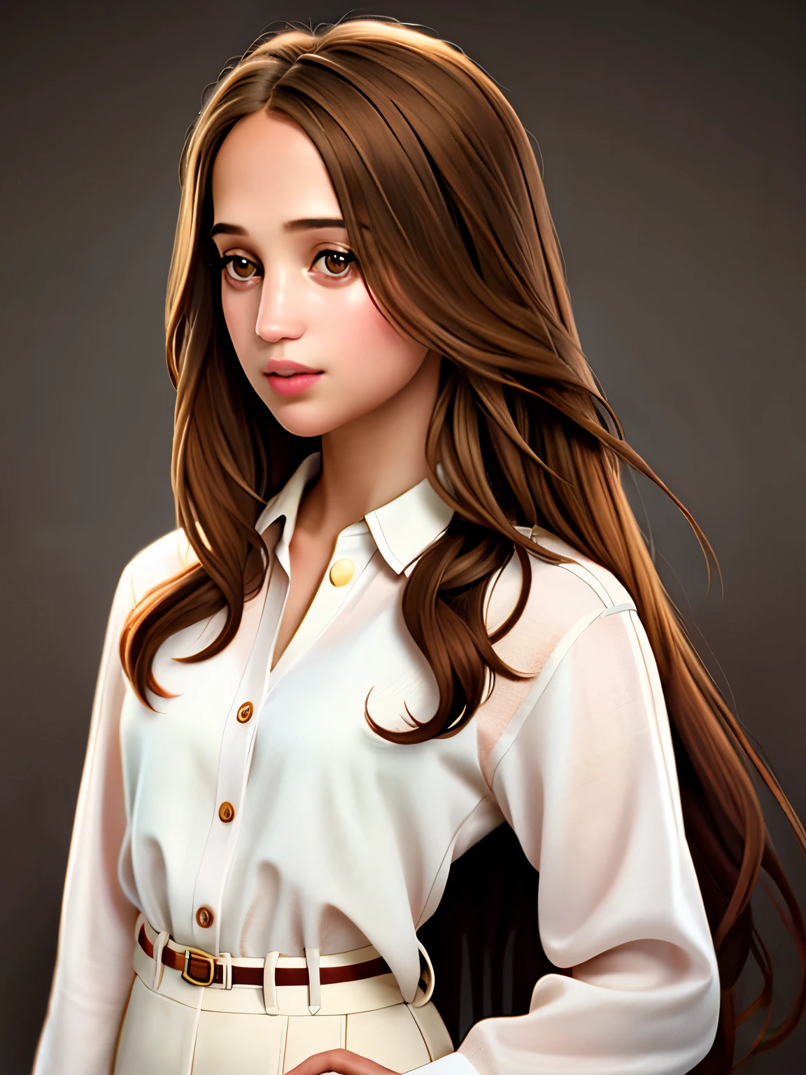 Realistic photo of a beautiful 4l1c14v woman,  1girl, solo, long hair, looking at viewer, simple background, brown hair, shirt, brown eyes, upper body, parted lips, teeth, lips, realistic, soft lighting, professional Photography, Photorealistic, detailed, RAW, analog, sharp focus, 8k, HD, high quality, masterpiece