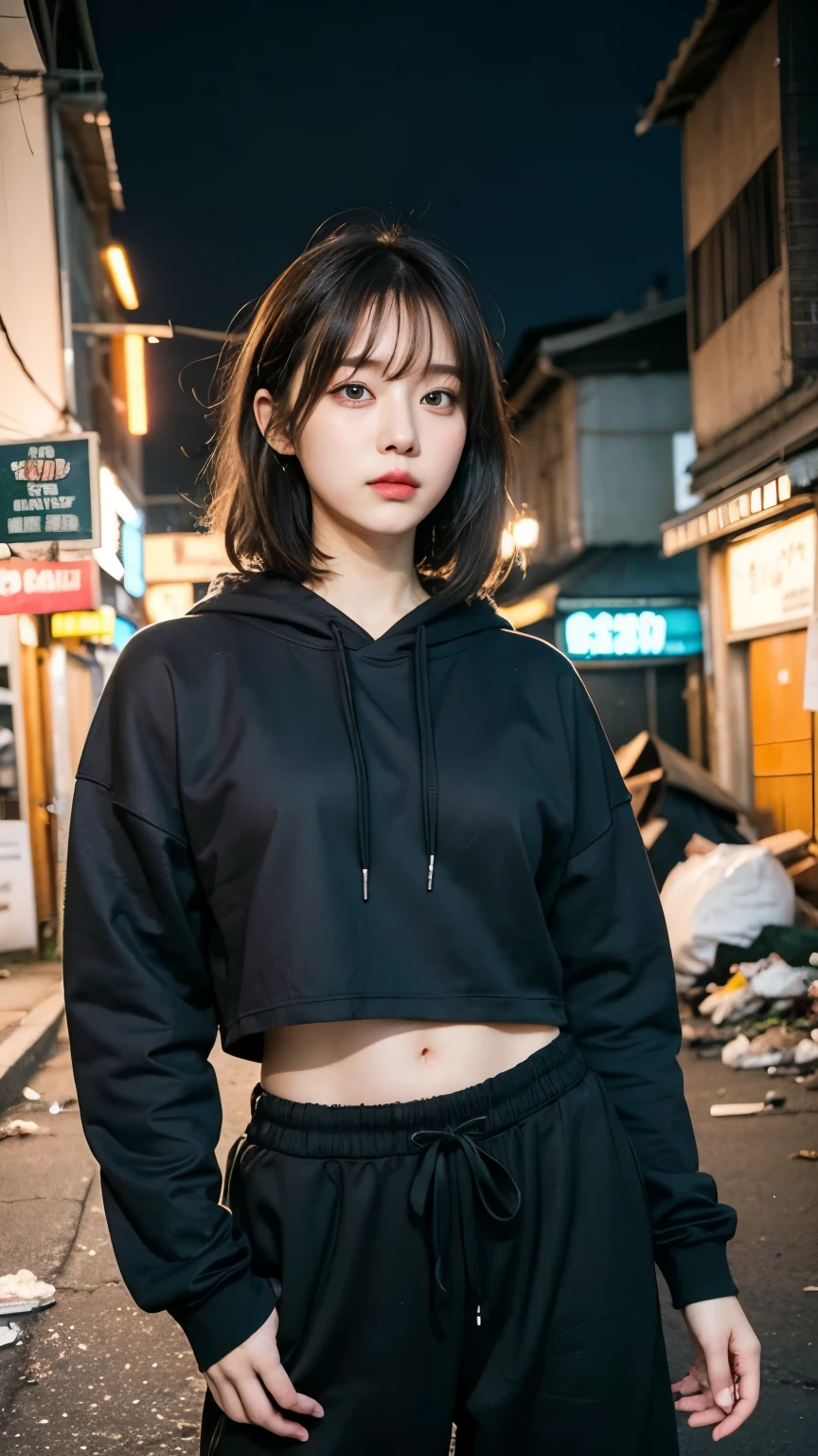 18-year-old,Korean women,Dancer on the road,(((Dirty neon street at night))),(((Frowning,カメラをGlaring))),(Very fine eye), (((Wearing a long black hoodie,Wearing baggy pants))),(((Collapsing Building))),(((old buildings))),((photograph)),((A woman near a garbage dump)),(((Fabric Shading))), (((highest quality))), (((masterpiece))) strong girl, ((((Realistic)))), I have a card,Black Hair, chic hairstyle, ((With bangs,Straight medium bob cut, nice hair)), Light makeup,Red eyes, (((I&#39;m not wearing lipstick))), (nice, strong), (((Strong night atmosphere))), Centered Images, Looking at the camera, Elegant colors,Realistic Skin,Realistic texture,８k,whole body,Pale skin, (((Dirty garbage dump))),A huge amount of trash,Red iris,Expressionless,Glaring,Perfect Face,(((Big eyes))),She is wearing wide black baggy pants,Mouth closed, portrait of aespaのウィンター,She is wearing black streetwear, Woman in black streetwear, 黒いハイテクな服を着た女性のphotograph, Girl wearing black hoodie, Cyberpunk Streetwear, Cyberpunk Streetwear street fashion e-girl,