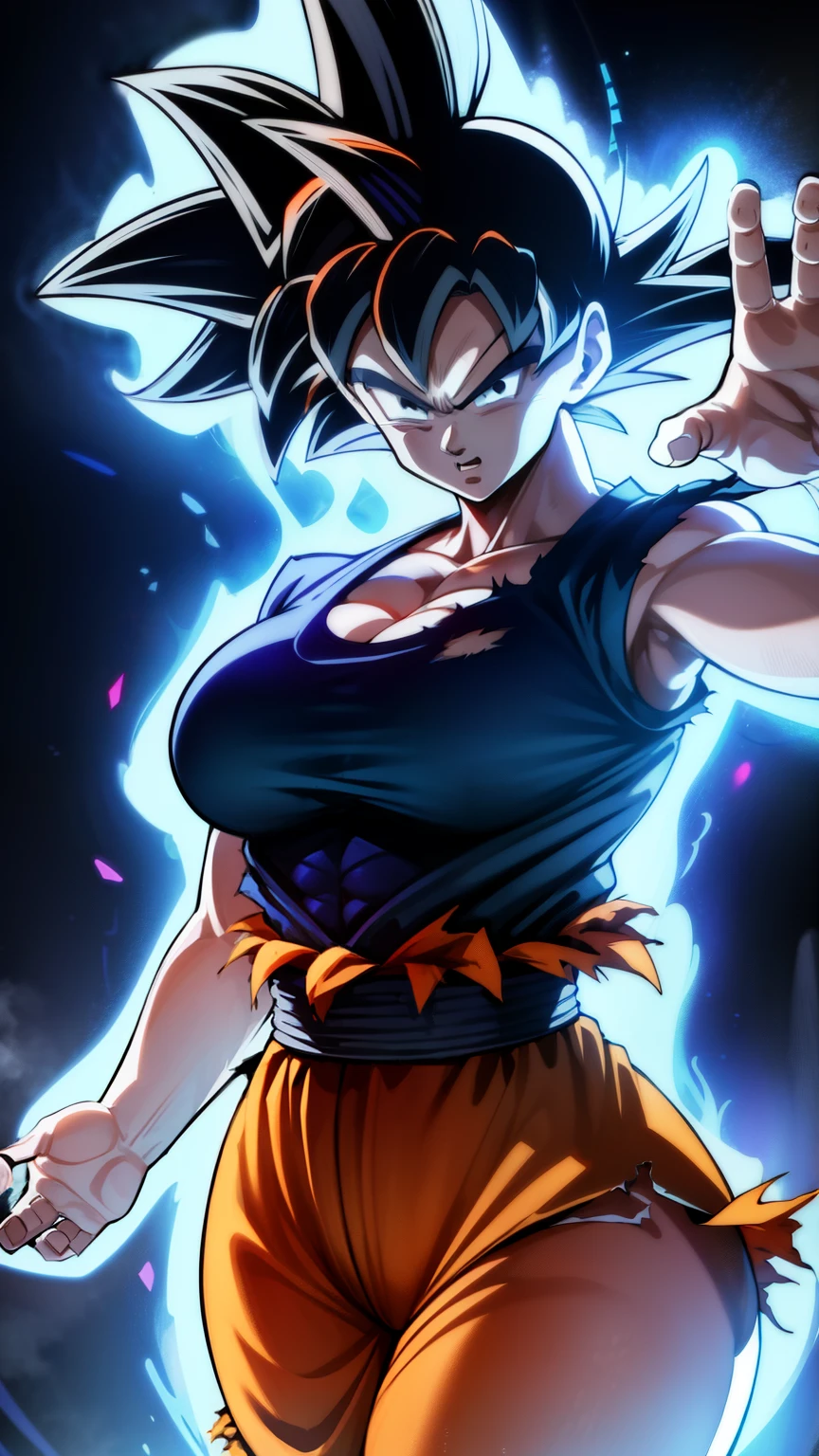 ((masterpiece, best quality)),(complex light), 1female,solo,upper body, goku,black hair,black eyes, angry, large breasts, wide hips, curvy, thin waist, orange and blue gi, blue martial arts belt, (torn clothes:1.2), solo girl, ultra instinct, ultra instinct effect, white purpelish aura