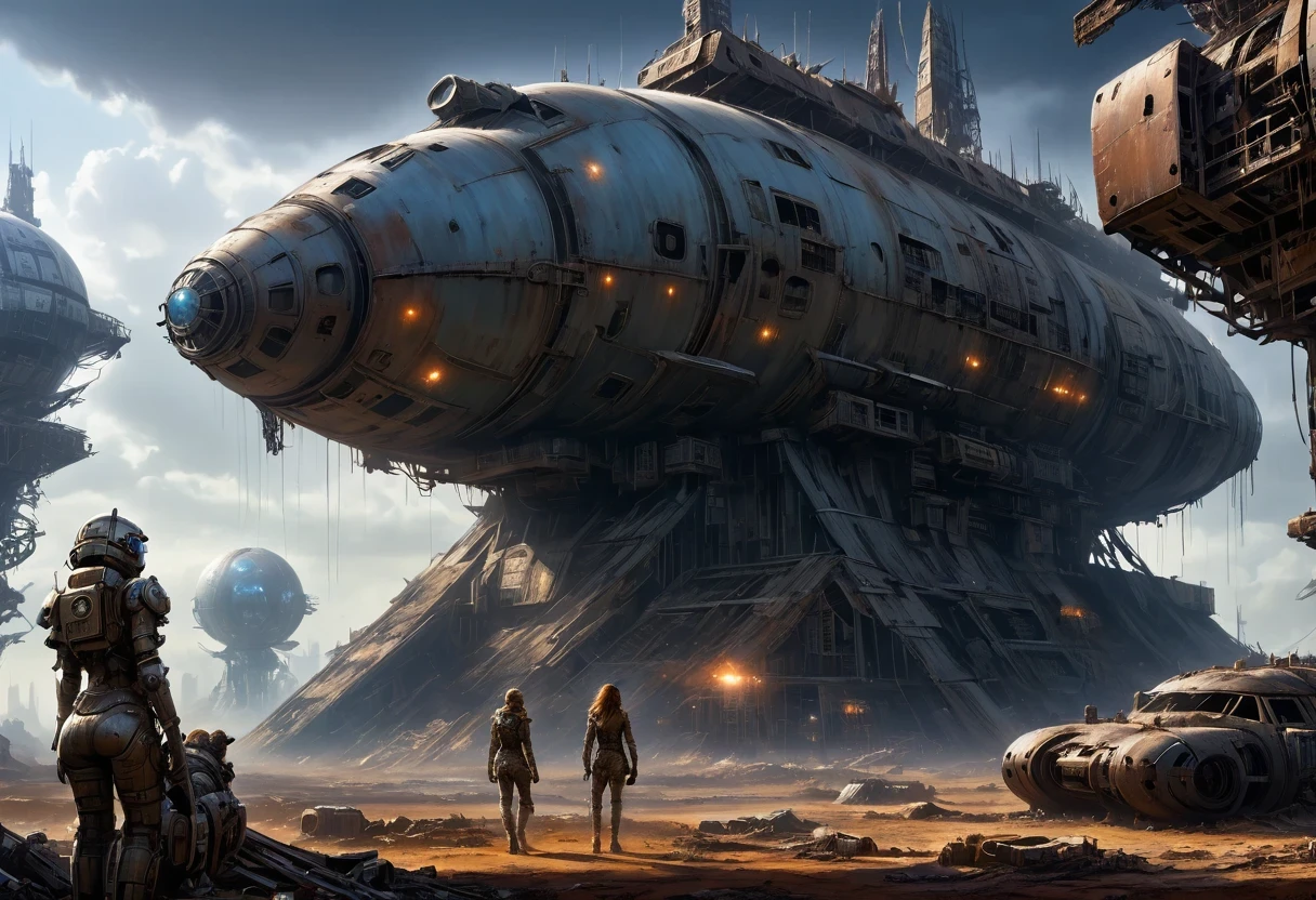 Future doomsday wasteland，Silver Mechanical Girl and a Dog，Mechanical joints，There are many rusty structures in the air,Destroyed large radar，Abandoned space station base，High-tech spaceship，scenic dystopian environment, 