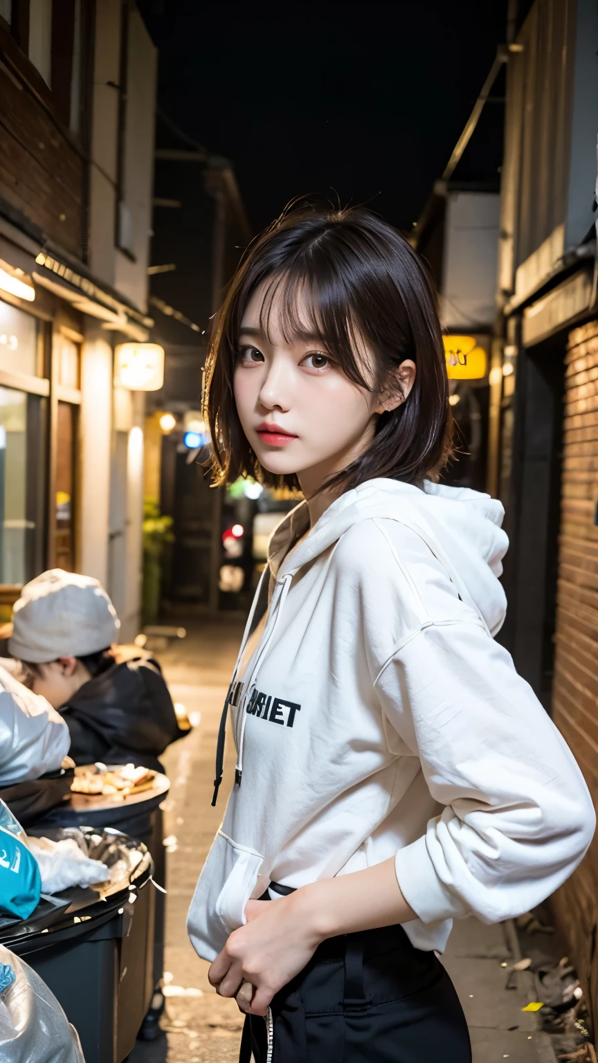 18-year-old,Korean women,Dancer on the road,(((Dirty neon street at night))),(((Facing forward))),(((Frowning,カメラをGlaring))),(Very fine eye), (((Wearing a long black hoodie,Wearing baggy pants))),(((Collapsing Building))),(((old buildings))),((photograph)),((A woman near a garbage dump)),(((Fabric Shading))), (((highest quality))), (((masterpiece))) strong girl, ((((Realistic)))), I have a card,Black Hair, chic hairstyle, ((With bangs,Straight medium bob cut, nice hair)), Light makeup,Red eyes, (((I&#39;m not wearing lipstick))), (nice, strong), (((Strong night atmosphere))), Centered Images, Looking at the camera, Elegant colors,Realistic Skin,Realistic texture,８k,whole body,Pale skin, (((Dirty garbage dump))),A huge amount of trash,Red iris,Expressionless,Glaring,Perfect Face,(((Big eyes))),She is wearing wide black baggy pants,Mouth closed, portrait of aespaのウィンター,She is wearing black streetwear, Woman in black streetwear, 黒いハイテクな服を着た女性のphotograph, Girl wearing black hoodie, Cyberpunk Streetwear, Cyberpunk Streetwear street fashion e-girl,