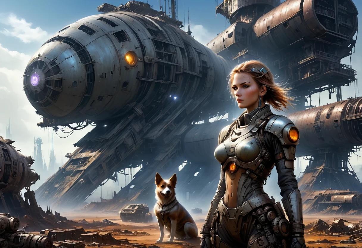 Future doomsday wasteland,Silver Mechanical Girl and a Dog,Mechanical joints,There are many rusty structures in the air,Destroyed large radar,Abandoned space station base,High-tech spaceship,scenic dystopian environment,