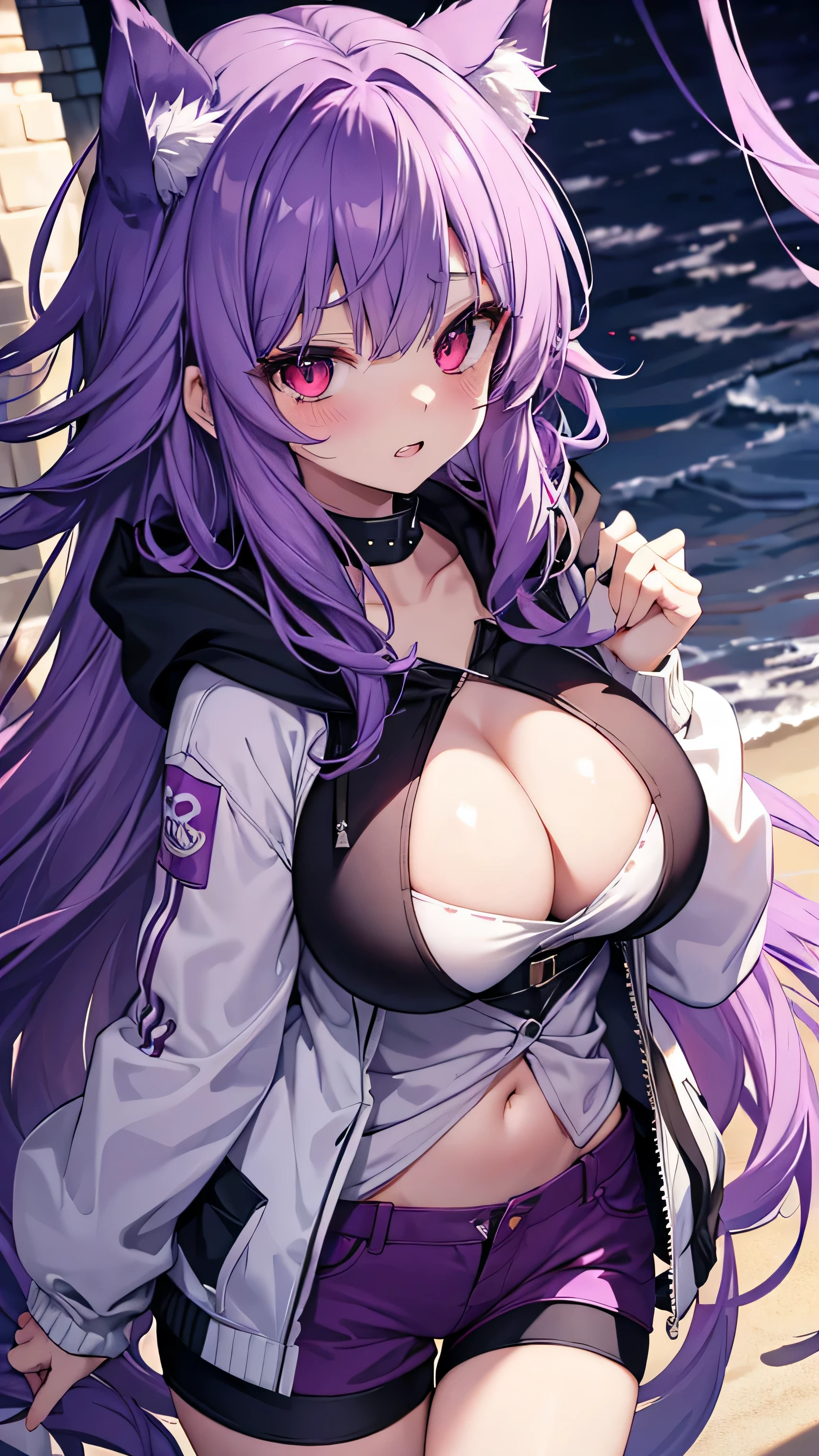 Wolf Girl, Big Breasts, Voluminous purple hair, masterpiece , Red eyes、Double teeth、tooth、Blushed cheeks、 hd, Head to Chest, buried in my chest、Underbust、Cleavage、hoodie、hot pants