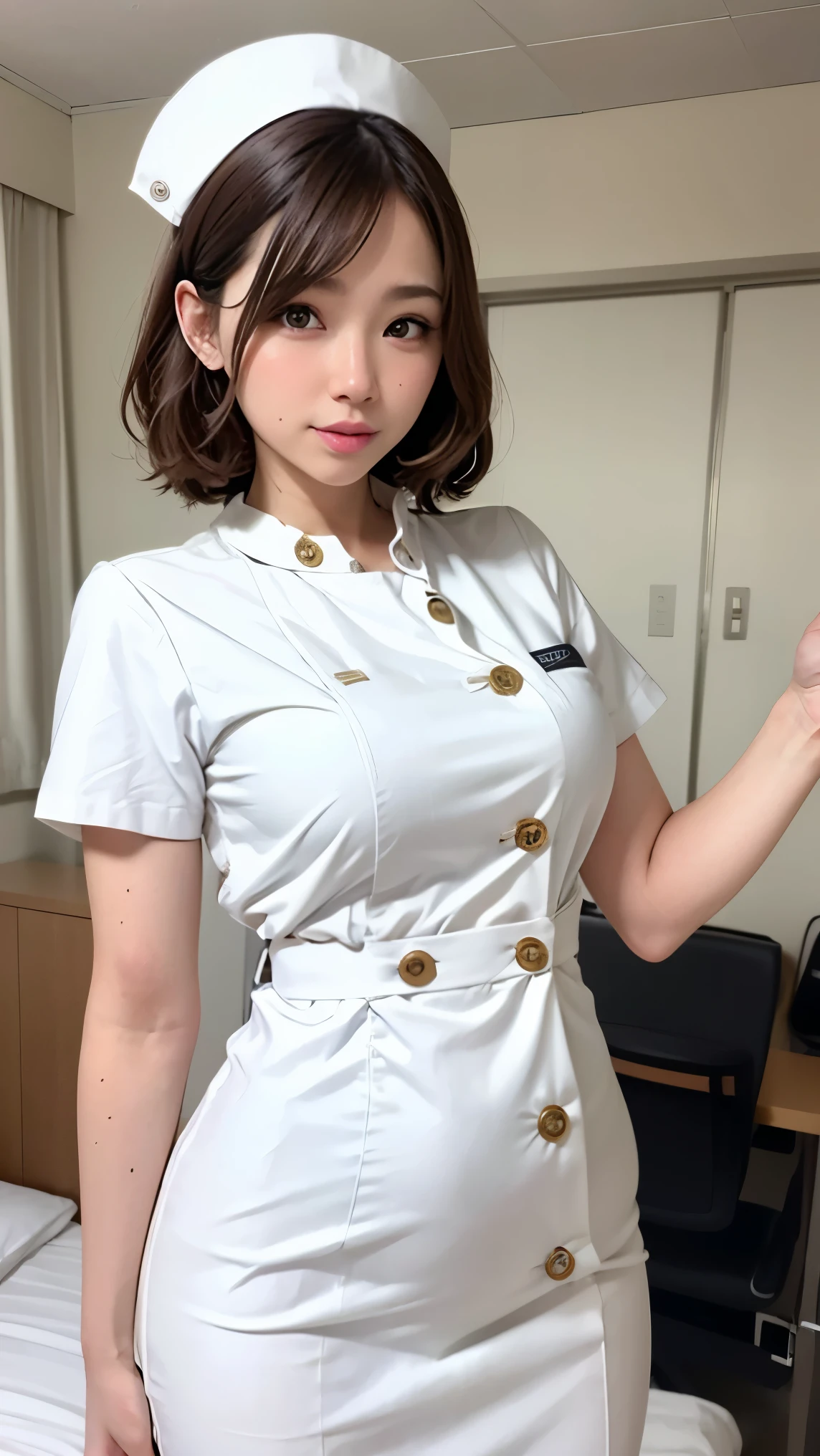 1 girl,(Wearing white nurse clothes:1.2),(RAW Photos, highest quality), (Realistic, photo-Realistic:1.4), masterpiece, Very delicate and beautiful, Very detailed, 2k wallpaper, wonderful, finely, Very detailed CG unity 8k wallpaper, Very detailed, High resolution, Soft Light, Beautiful detailed girl, Very detailed eyes and face, Beautiful and detailed nose, finely beautiful eyes, nurse, Perfect Anatomy, Black Hair, Upstyle, nurse uniform, Long skirt, nurse, White costume, thin, hospital, clear, White Uniform, hospital room, Neck auscultation,Bobcut