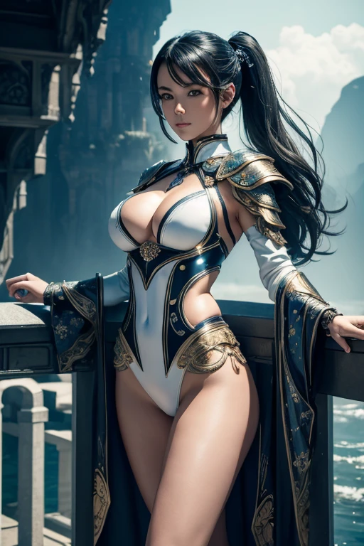 (master piece:1.5), (best quality:1.5), 8k,wallpaper, Full Body Female pony tail dark hair dark fantasy girl wearing an intricate elaborate futuristic white and blue armor with super short white mini swim suit with elaborated gold ornaments, white super short mini skirt, sexy, super hot, perfect face, breast cleavage, wearing two big white pistols, castle entrance behind, castle at the distance, ethereal lightning, sharp focus