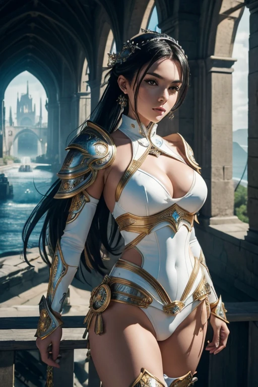 (master piece:1.5), (best quality:1.5), 8k,wallpaper, Full Body Female pony tail dark hair dark fantasy girl wearing an intricate elaborate futuristic white and blue swim suit armor with super short white mini swim suit with elaborated gold ornaments, white super short mini skirt, sexy, super hot, perfect face, breast cleavage, wearing two big white futuristic pistols, standing on a bridge, castle at the distance, ethereal lightning, sharp focus