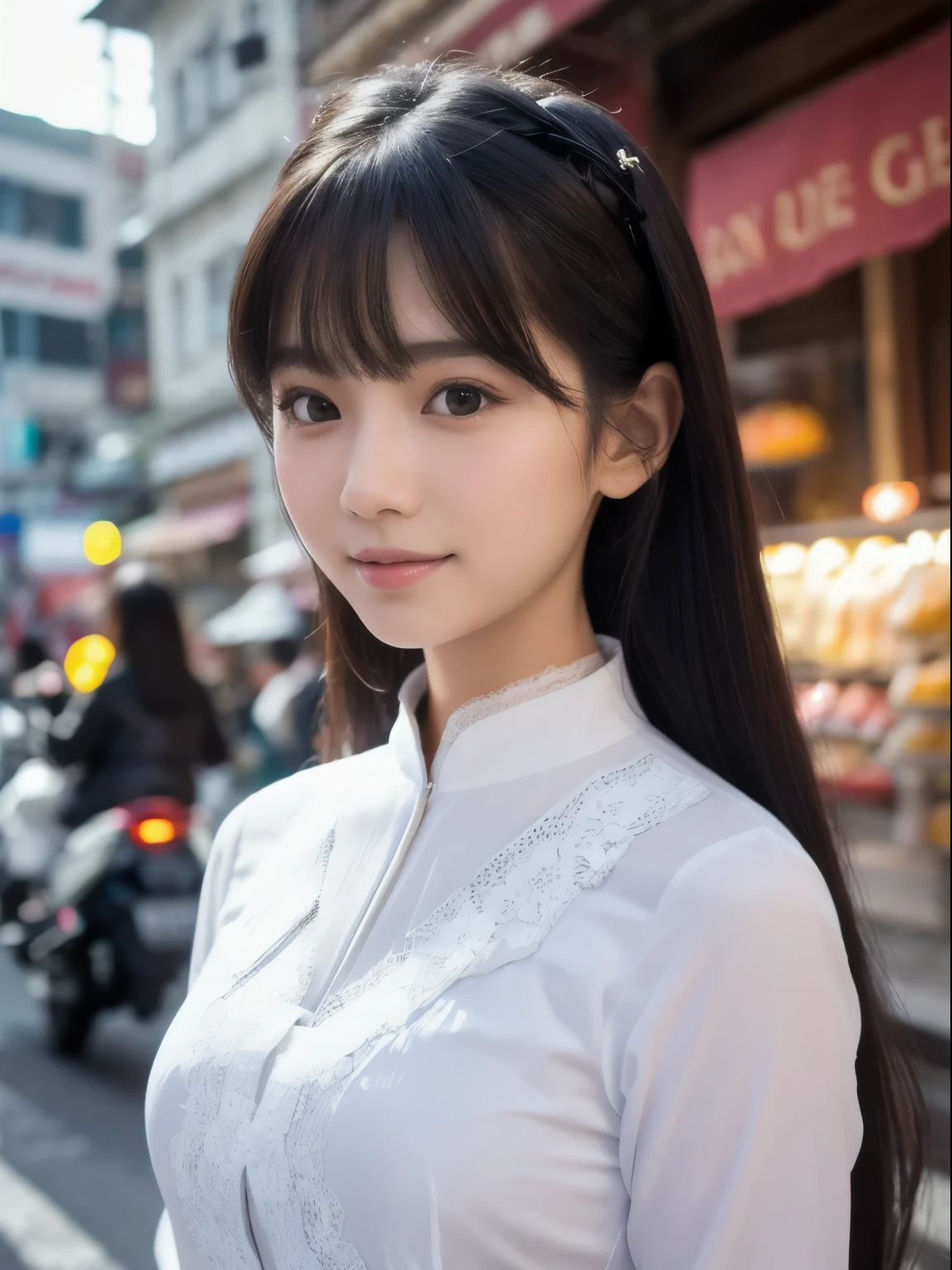 Best Quality, (Realistic, Photorealistic:1.37), ((solo)), 8K quality, Very delicate and beautiful, wonderful, Official art with attention to detail, Ridiculous, Incredibly ridiculous, Huge file sizes, Ultra-detailed, Very detailed, (cute), (detailed girl), Very detailed目と顔, Detailed and beautiful eyes, light makeup,, (The perfect woman), Slender body, (beauty of vietnam), (((whole body))), ((Frame your head)), ((pure white)), ((Lace Ao Dai)), Smiling Kindly, (Long black hair), Streets of Vietnam, ,